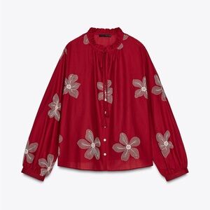 Zara Raspberry Embroidered Tie-Neck Balloon Sleeve Blouse